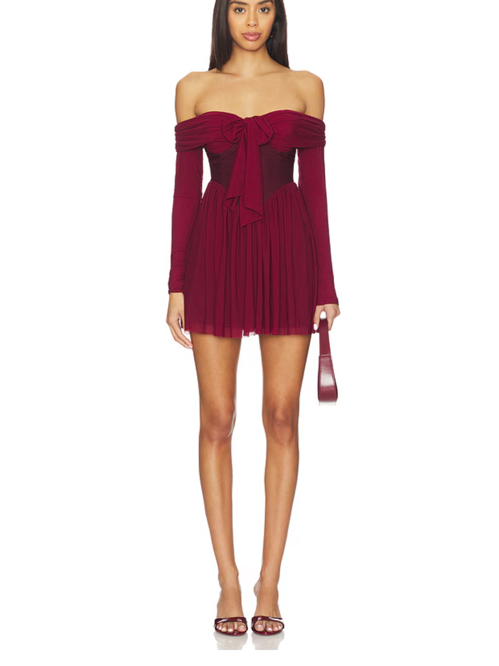 Off-Shoulder Burgundy Tie-Front Mini Dress